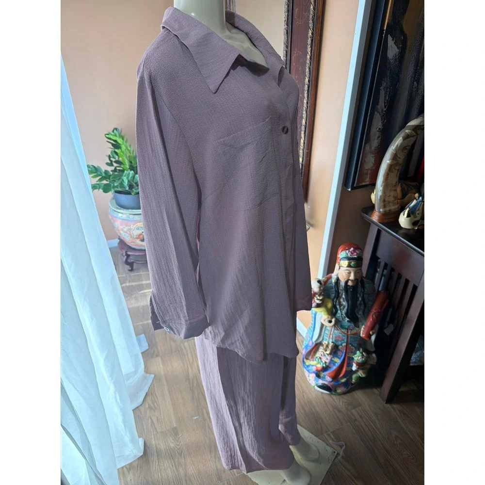 Mauve Textured Two Piece Lounge Set Button Down Shirt and Drawstring Pants